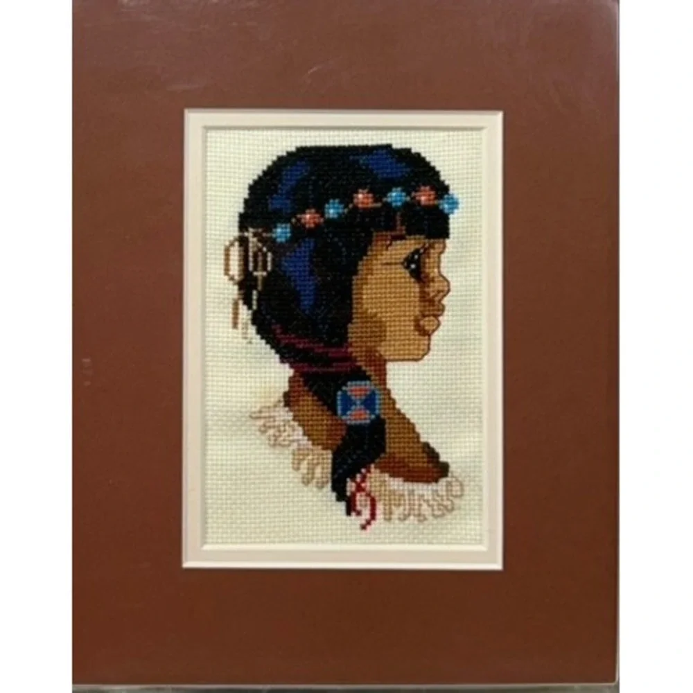 Vintage Native American Needlepoint Portraits Set of 2 Southwestern Wall Art